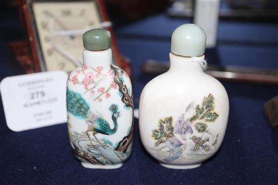 Two Chinese famille rose snuff bottles, 19th century, one with Qianlong mark Tallest 8cm incl. stopper